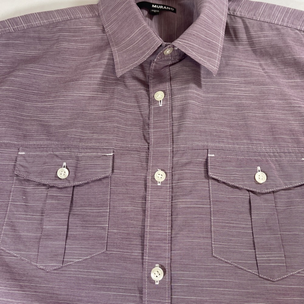 Murano Men's shirt button up collared front pockets rounded bottom purple Large